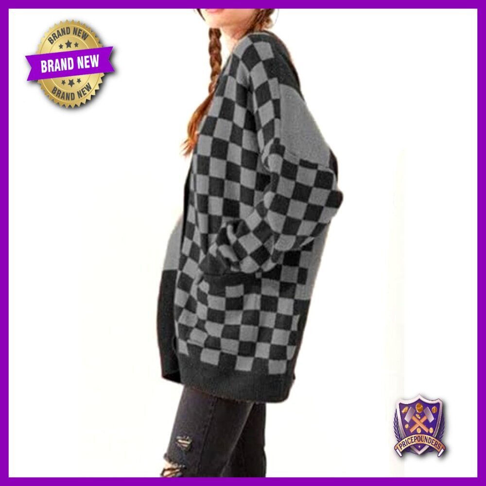 Oversized Slouchy Checkered Cardigan Open Front Knit Sweater Coat Y2K Chic - Picture 4 of 4